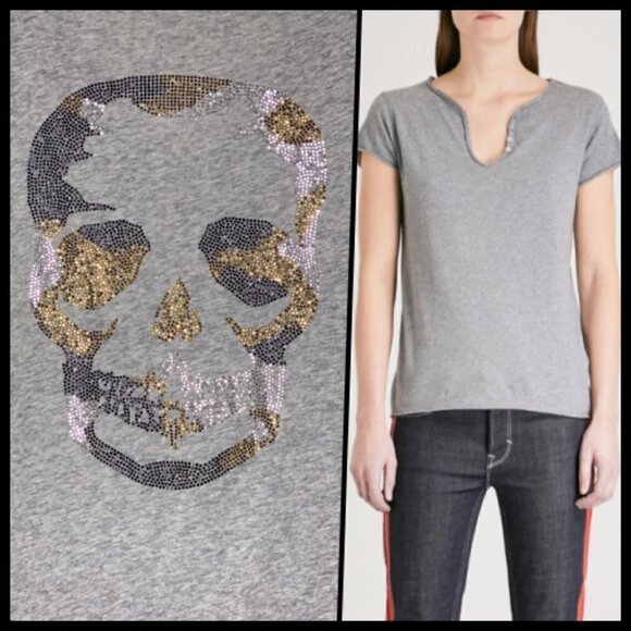 Zadig & Voltaire Strass Skull Gray Gold Silver Short Sleeve Tee M - Picture 1 of 9